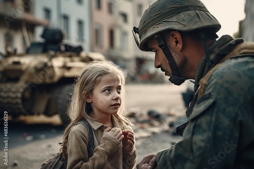 War concept, homeless little girl talking with a soldier in a destroyed city, helicopters and tanks, Innocence, fear, war, battle, Human rights, Humanitarian crisis