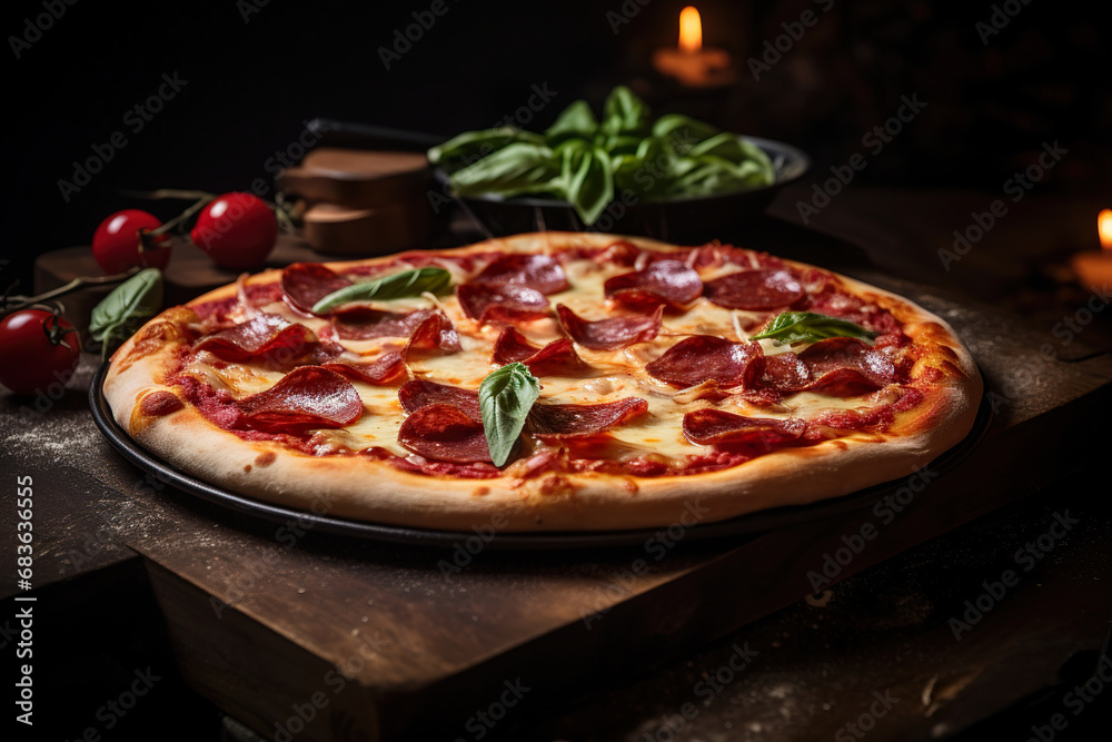 Pepperoni Pizza on a Wooden Table. Generative Ai