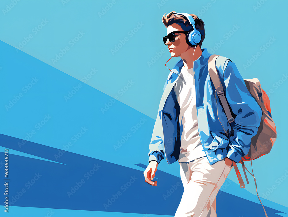 Walking student, wearing backpack, headphone and sunglasses, clothes in a color that matches, blue background Walking student, wearing backpack, headphone and sunglasses, clothes in a color that matches, blue background