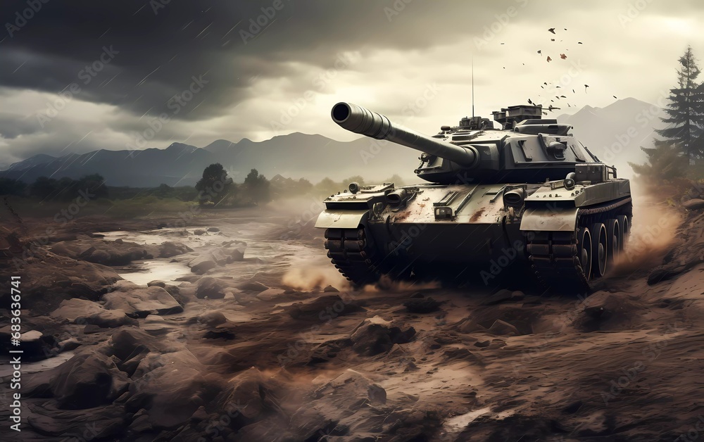 armored tank crossing a minefield during war invasion, world peace concept. generative ai armored tank crossing a minefield during war invasion, world peace concept. generative ai