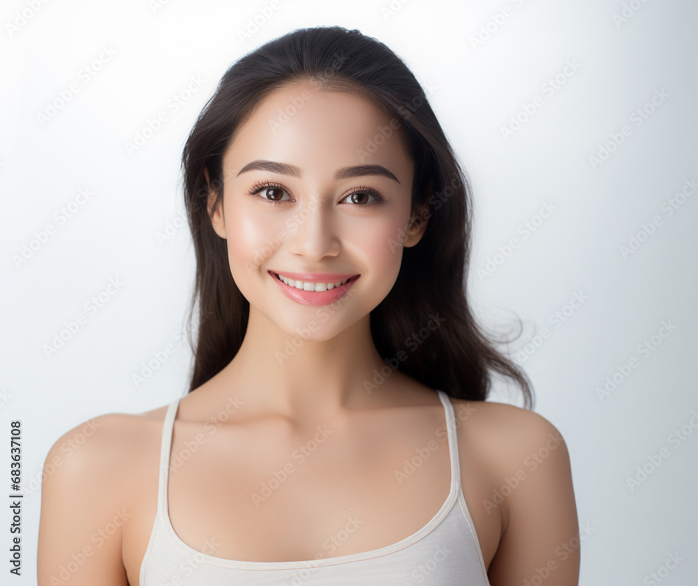 Asian woman in white top camisole poses against clean white wall with her black hairstyle, fresh bare skin, the concept of beauty, skincare, and health wellness. Generative AI. Asian woman in white top camisole poses against clean white wall with her black hairstyle, fresh bare skin, the concept of beauty, skincare, and health wellness. Generative AI.