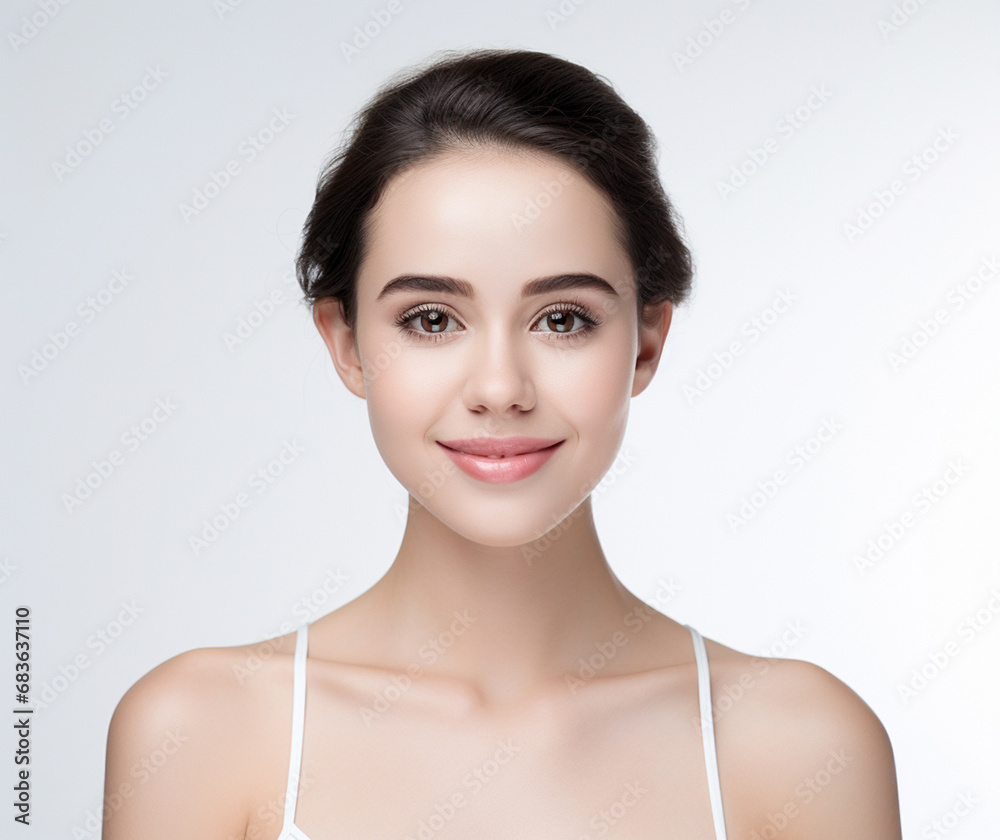 Asian woman in white top camisole poses against clean white wall with her black hairstyle, fresh bare skin, the concept of beauty, skincare, and health wellness. Generative AI. Asian woman in white top camisole poses against clean white wall with her black hairstyle, fresh bare skin, the concept of beauty, skincare, and health wellness. Generative AI.