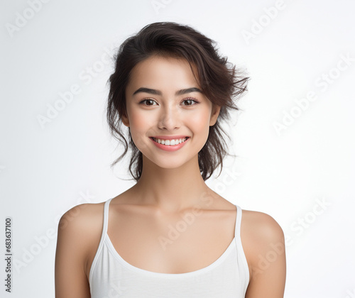 Asian woman in white top camisole poses against clean white wall with her black hairstyle  fresh bare skin  the concept of beauty  skincare  and health wellness. Generative AI.
