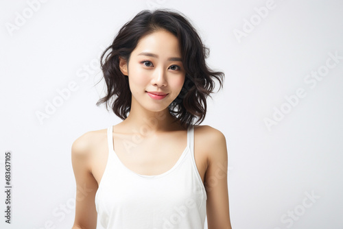 Asian woman in white top camisole poses against clean white wall with her black hairstyle, fresh bare skin, the concept of beauty, skincare, and health wellness. Generative AI.