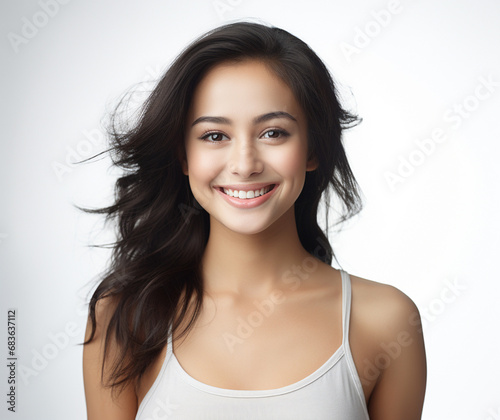 Fotografia Asian woman in white top camisole poses against clean white wall with her black hairstyle, fresh bare skin, the concept of beauty, skincare, and health wellness