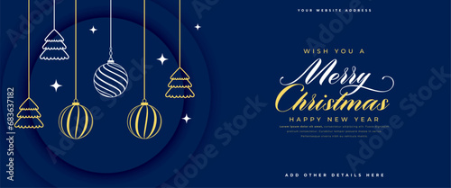 merry christmas eve wishes banner with hanging bauble and tree