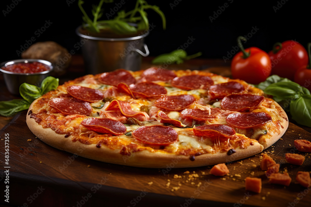 Pepperoni Pizza on a Wooden Table. Generative Ai