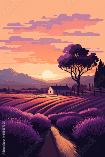 magical landscape of lavender fields. Provence landscape with lavender field. Countryside illustration. 