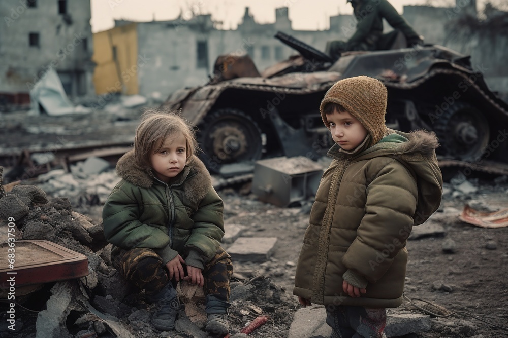 Two children in an abandoned and destroyed building in the zone of military and military conflicts. The concept of social problems of homeless children.