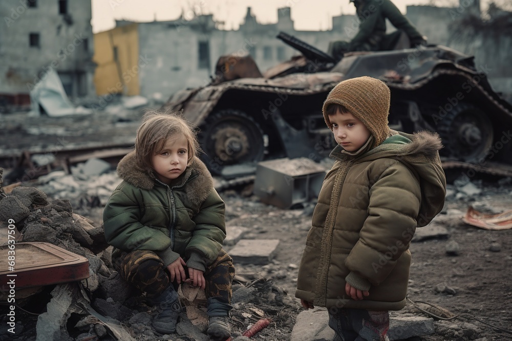 Two children in an abandoned and destroyed building in the zone of military and military conflicts. The concept of social problems of homeless children. Two children in an abandoned and destroyed building in the zone of military and military conflicts. The concept of social problems of homeless children.