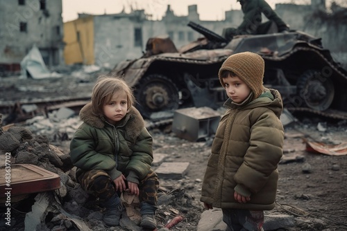 Two children in an abandoned and destroyed building in the zone of military and military conflicts. The concept of social problems of homeless children. © evgenia_lo