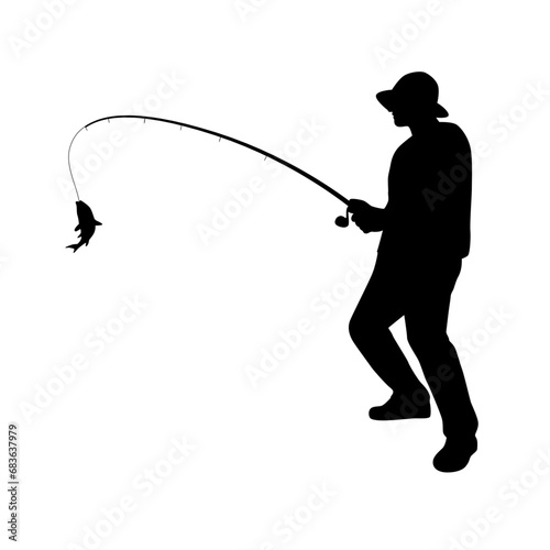 Man fishing silhouette, silhouette fisherman, man catch fish on fishing rod