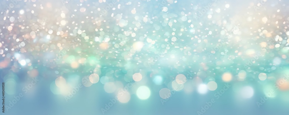 Pastel teal-mint glitter with shiny sparkles background. Defocused abstract festive lights on background. AI image, digital design.	