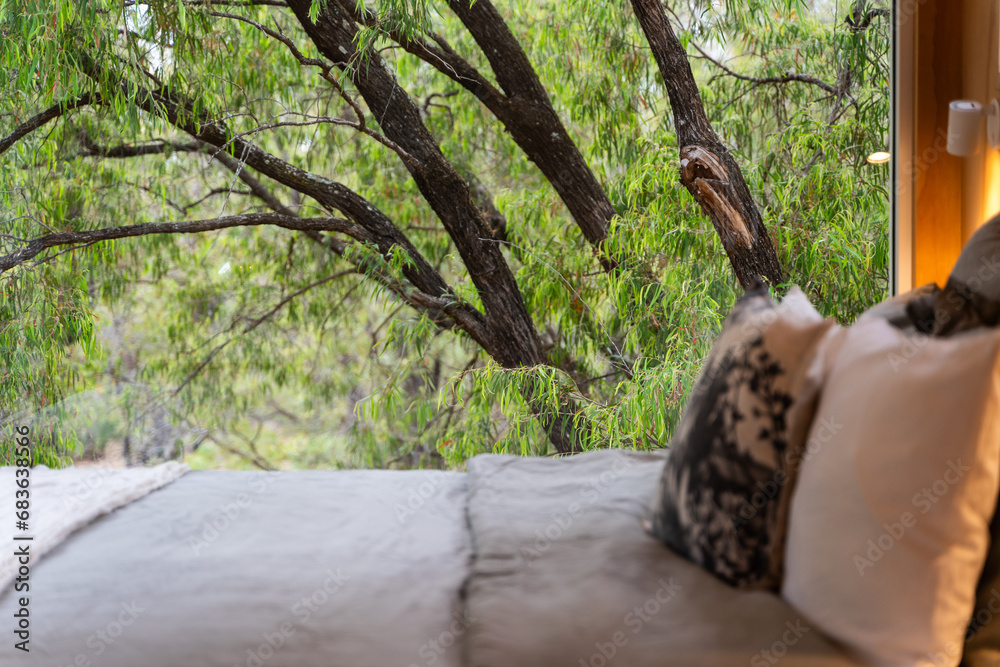 Fototapeta premium Off grid sustainable tiny cabin hidden in the forest