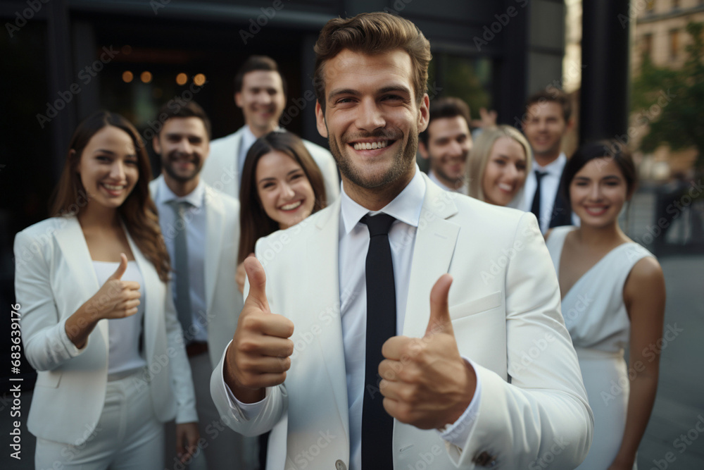 The business team leader raises a thumbs-up, indicating their commitment to excellence in teamwork. Generative AI. The business team leader raises a thumbs-up, indicating their commitment to excellence in teamwork. Generative AI.