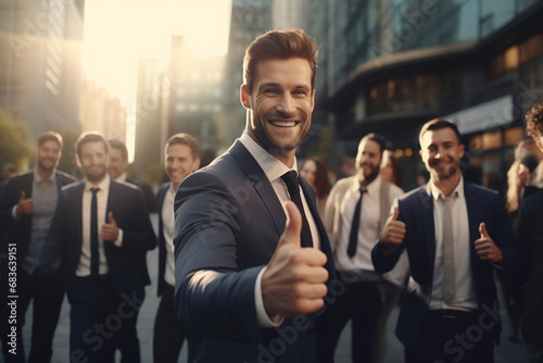 The business team leader raises a thumbs-up, indicating their commitment to excellence in teamwork. Generative AI.