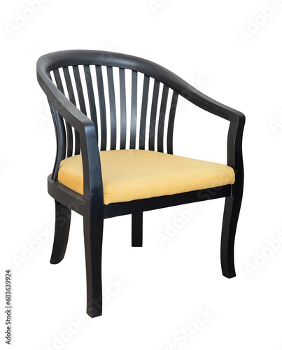 wooden chair with yellow fabric seat isolated with clipping path