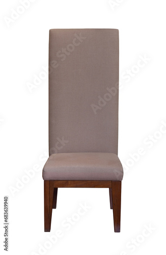 front view of wooden chair with fabric seat isolated with clipping path
