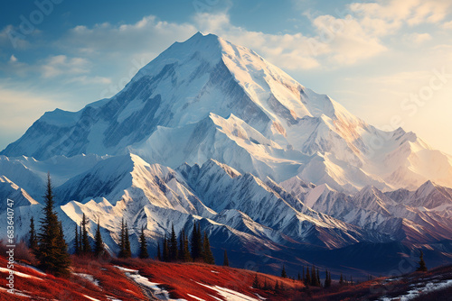 vibrant rugged and pristine beauty of Denali National Park in Alaska, showcasing the towering peak of Denali, vast tundras, and the sense of adventure and reverence inspired by this iconic destination