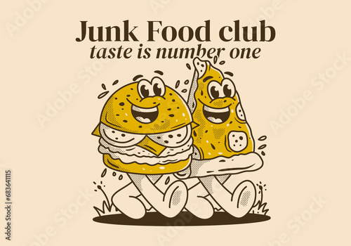 Junk Food club, taste is number one. Character illustration of walking burger and pizza