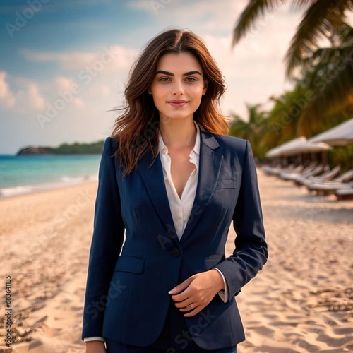 Businesswoman relaxed destressed happy beach holiday in summer