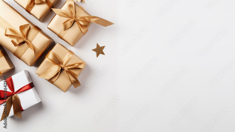 Decorative image of a gift wrapped with a gold ribbon raised on a white background, for Christmas, Valentine's Day, and birthdays Decorative image of a gift wrapped with a gold ribbon raised on a white background, for Christmas, Valentine's Day, and birthdays