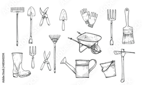 gardening tool handdrawn illustration engraving