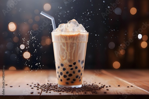 milk tea with boba on wooden table with blur background photo