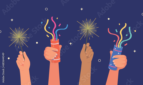 Banner hands holding firework, Firecracker explodes with ribbon explode for surprise, winner, new year party.