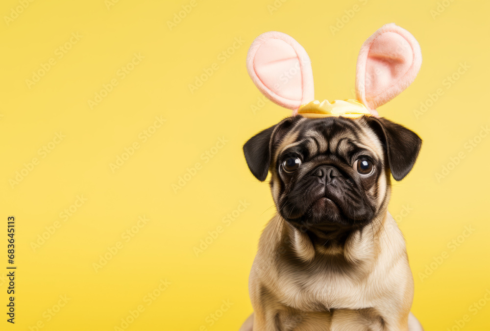 Happy smiling pug dog with bunny ears on yellow background. Easter concept .