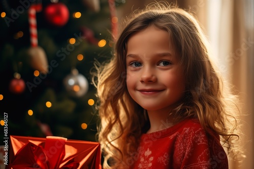 girl red dress holding present front tree focus close mischievous eyes daughter gold coins attractive tomboy little shy smile teal color graded age lines kid