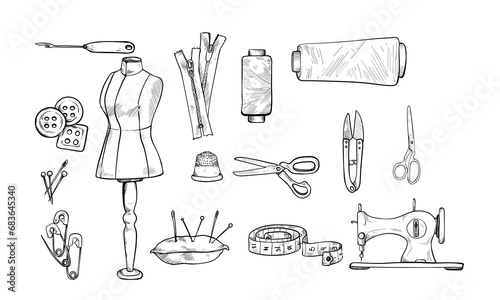 sewing equipment handdrawn illustration engraving
