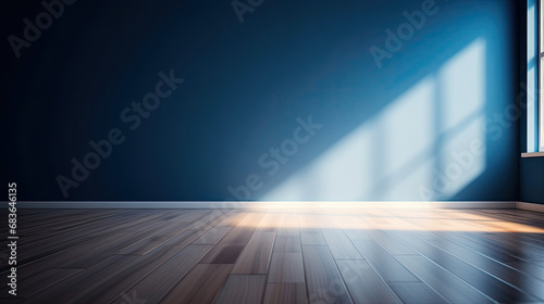 Blue empty wall and wooden floor with interesting light glare. Interior background for the presentation