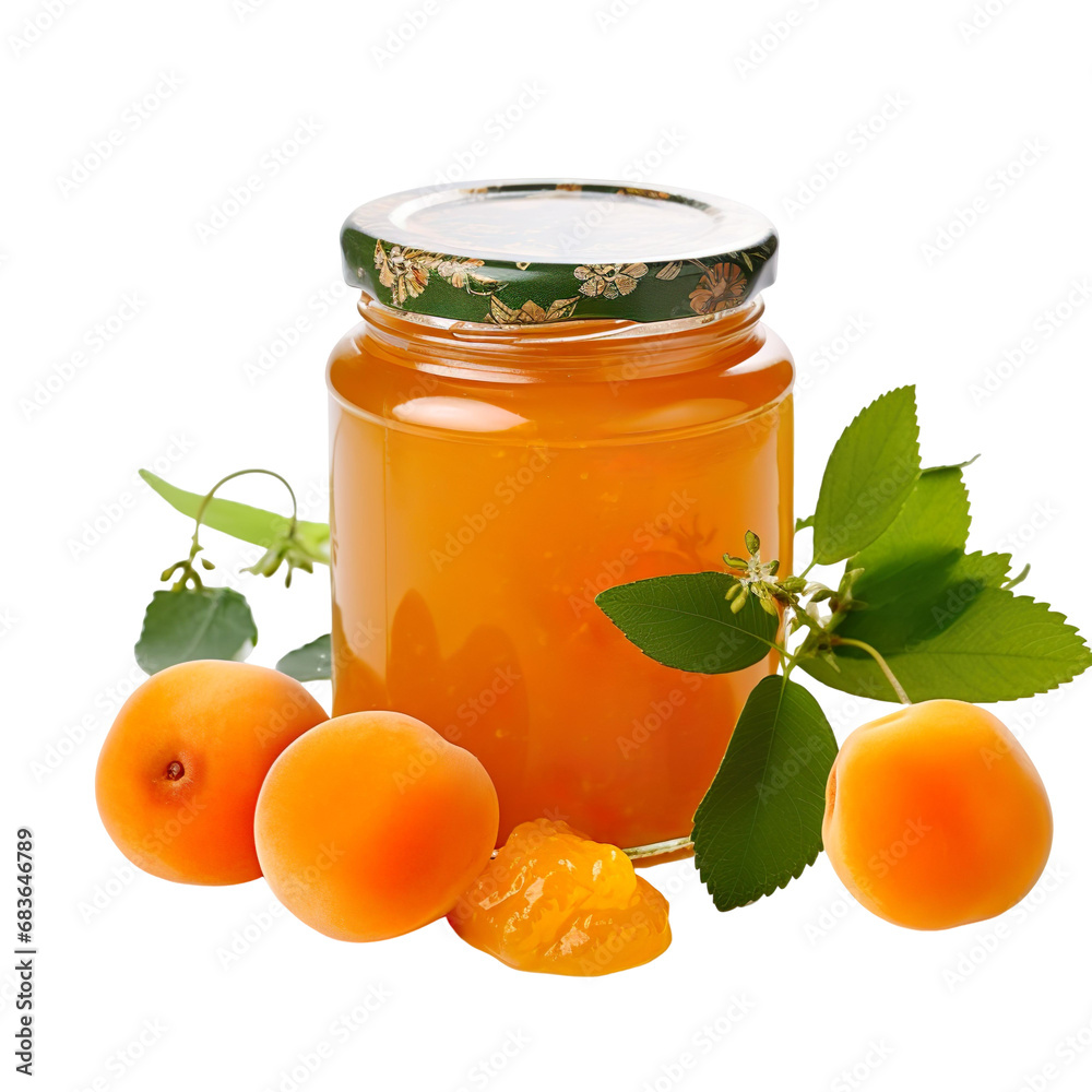 front view of Apricot jam in a jar with ingredients isolated on a white transparent background front view of Apricot jam in a jar with ingredients isolated on a white transparent background
