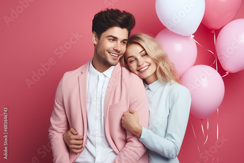 Happy young couple with heartsharped balloons on color background. Velentine's Day Celebration