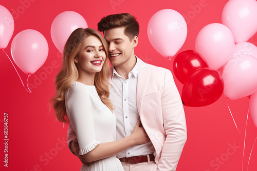 Happy young couple with heartsharped balloons on color background. Velentine's Day Celebration