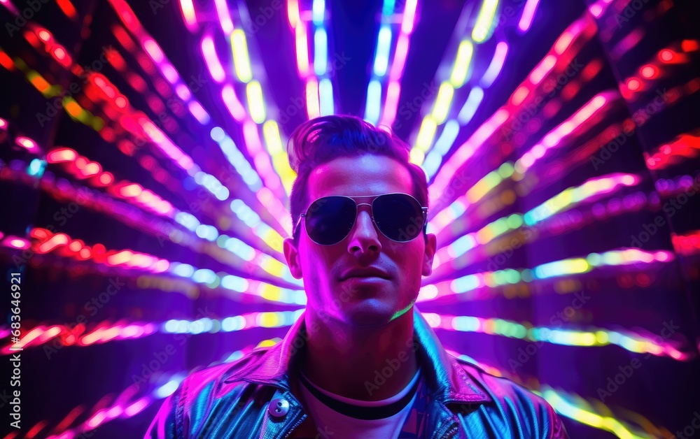 Man in colorful glasses inside a glowing neon tunnel, in the style of pop art