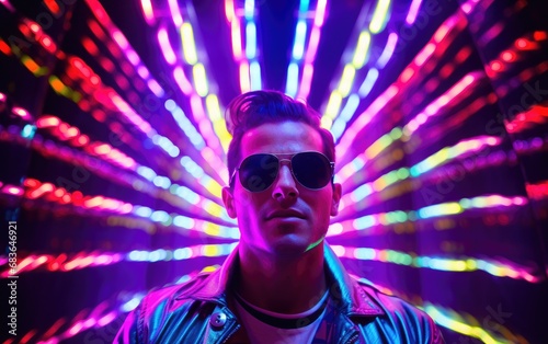 Man in colorful glasses inside a glowing neon tunnel  in the style of pop art