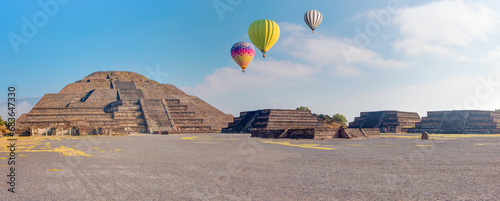 Hot air balloon flying over Teotihuacan pyramids complex located in Mexican Highlands and Mexico Valley close to Mexico City. Mexico photo