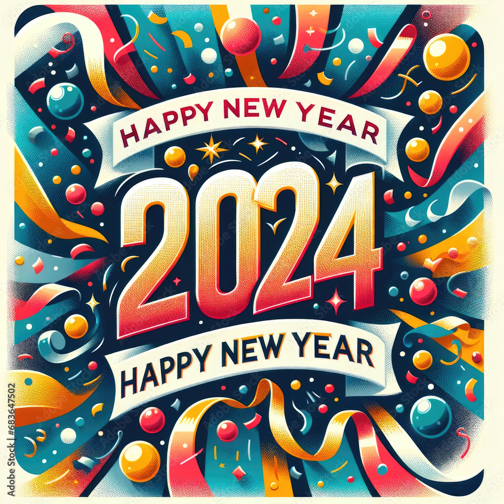 Happy New Year 2024. Greeting card design template.