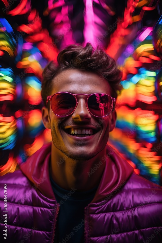 Man in colorful glasses inside a glowing neon tunnel, in the style of pop art Man in colorful glasses inside a glowing neon tunnel, in the style of pop art