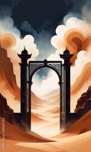 Artistic Watercolor Illustration of a Towering Gate in a Whirling Sandstorm