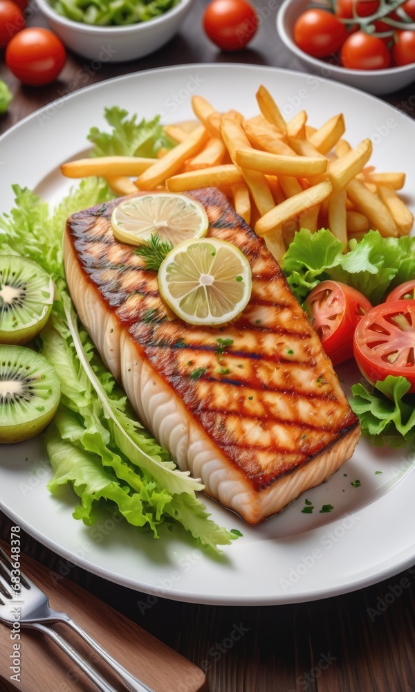 Fish steak with french fries, kiwi, lettuce, carrots Fish steak with french fries, kiwi, lettuce, carrots