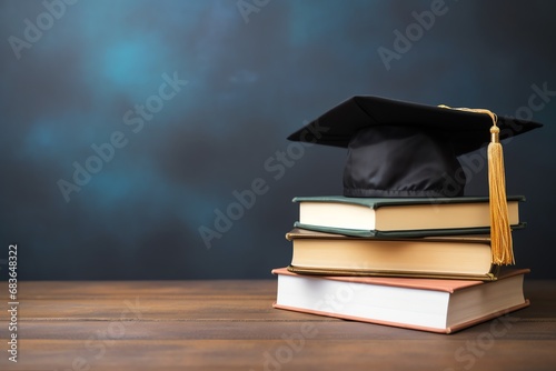 graduation hat and stack of books on the table, educational concept