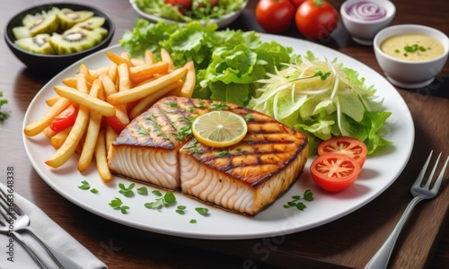 Fish steak with french fries, kiwi, lettuce, carrots