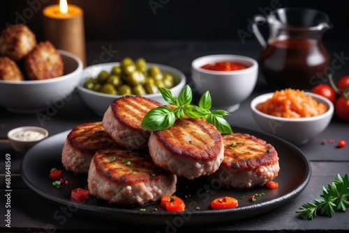 Juicy delicious meat cutlets on a dark table 