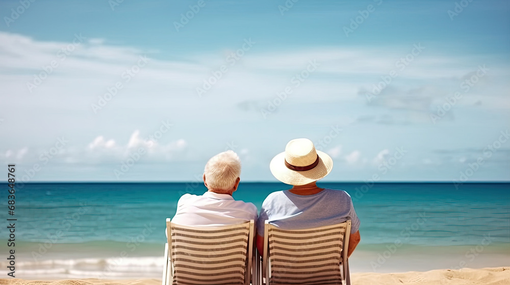 Relax senior couple on beach with blue sky, Retirment travel holiday healthy lifestyle Concept. . 