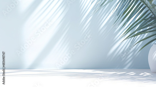 Minimal abstract light blue background for product presentation. Shadow of tropical leaves and curtains window on plaster wall.copy space, empty white wall