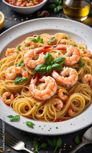 Pasta spaghetti with shrimps and sauce 