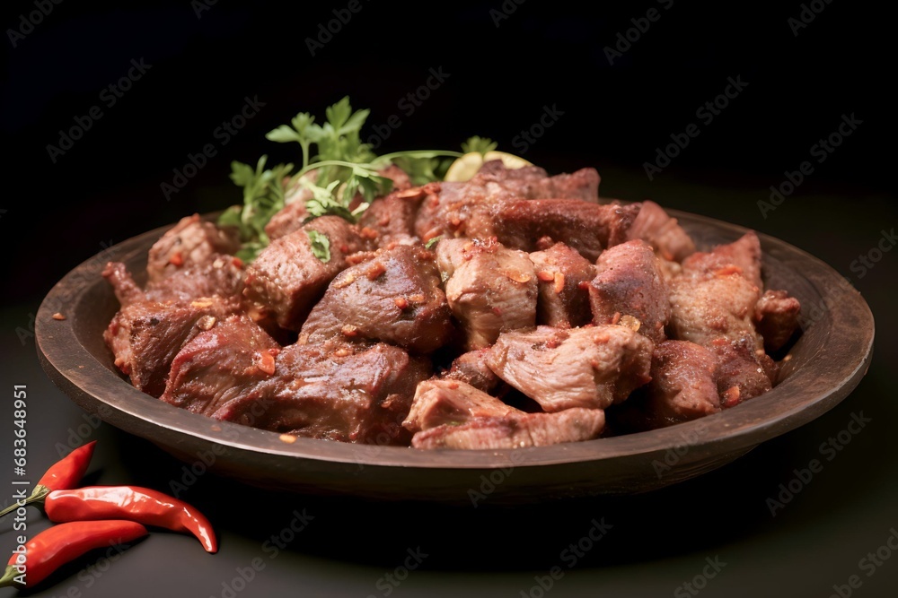 Dried varuval mutton served in dish isolated on background Dried varuval mutton served in dish isolated on background